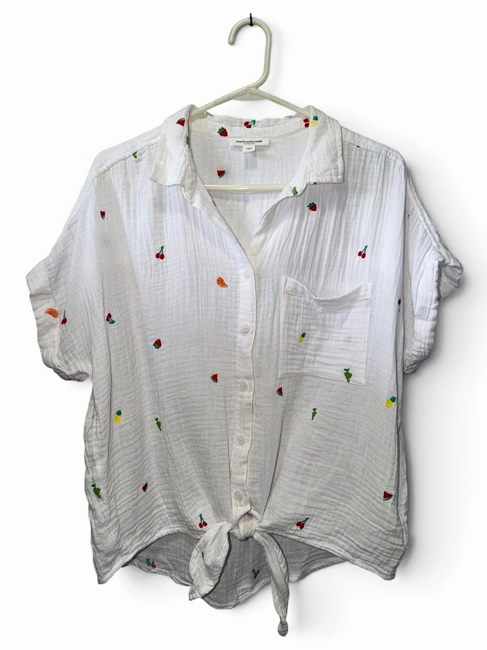 Beach Lunch Lounge Embroidered Tie-Front Cotton Shirt in White Large